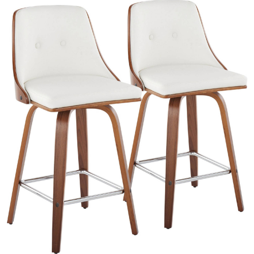 Gianna Swivel Counter Stool in Walnut Wood & Light White Leatherette w/ Chrome Footrest (Set of 2)